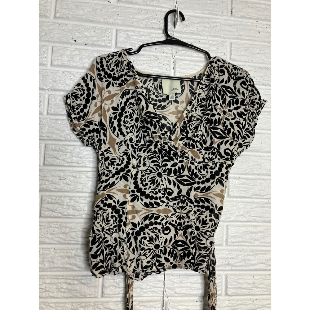 Odille Anthropologie Blouse Womens 0 Black‎ Tan Excellent Damask V-Neck Back Tie